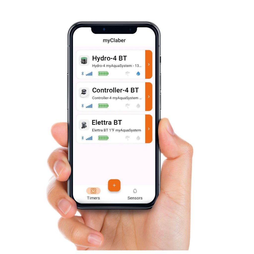 Hand holding a smartphone displaying an app interface with device connections on a white background