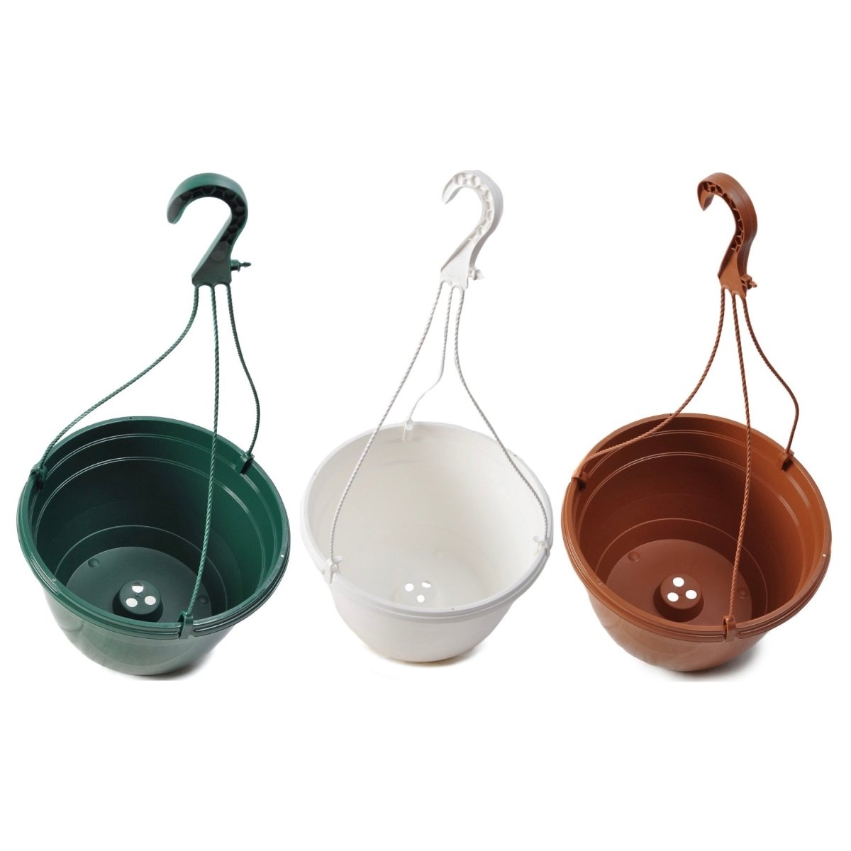 Three Teku Hanging Pots 27cm Diameter in three colours: green, terracotta and white