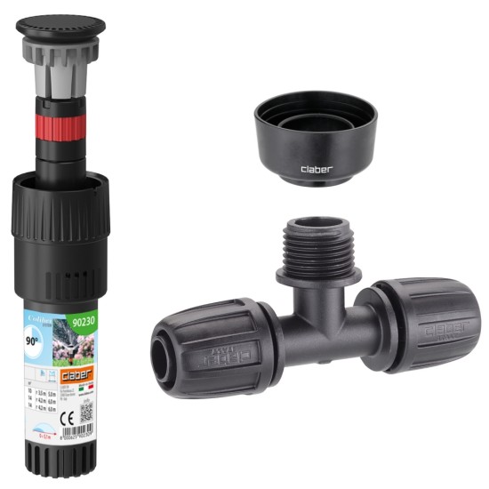 Claber 90230 90° Pop-Up Sprinkler Bundle, Pass Through Connector & Collar Guard